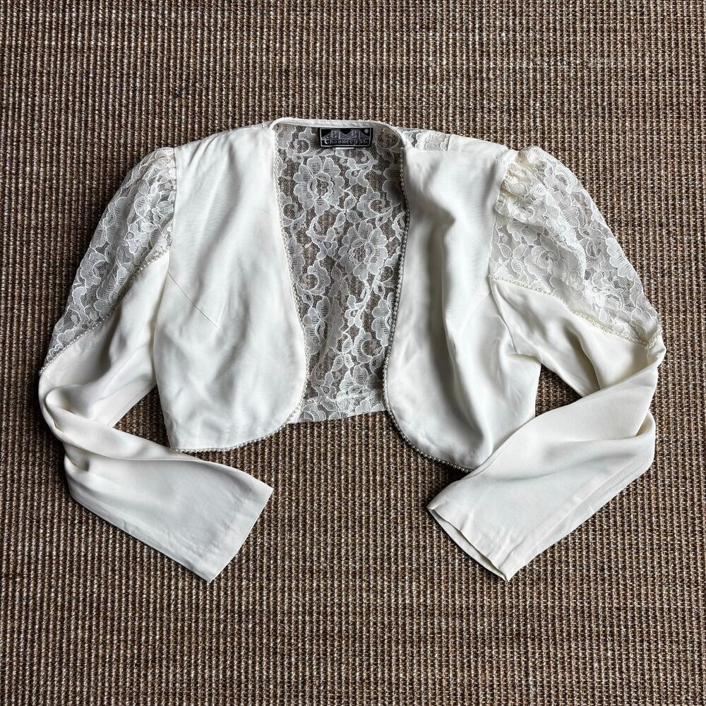 Vintage Chauncey St White Lace Bolero Shrug Size S Bridal Wedding Cropped Jacket